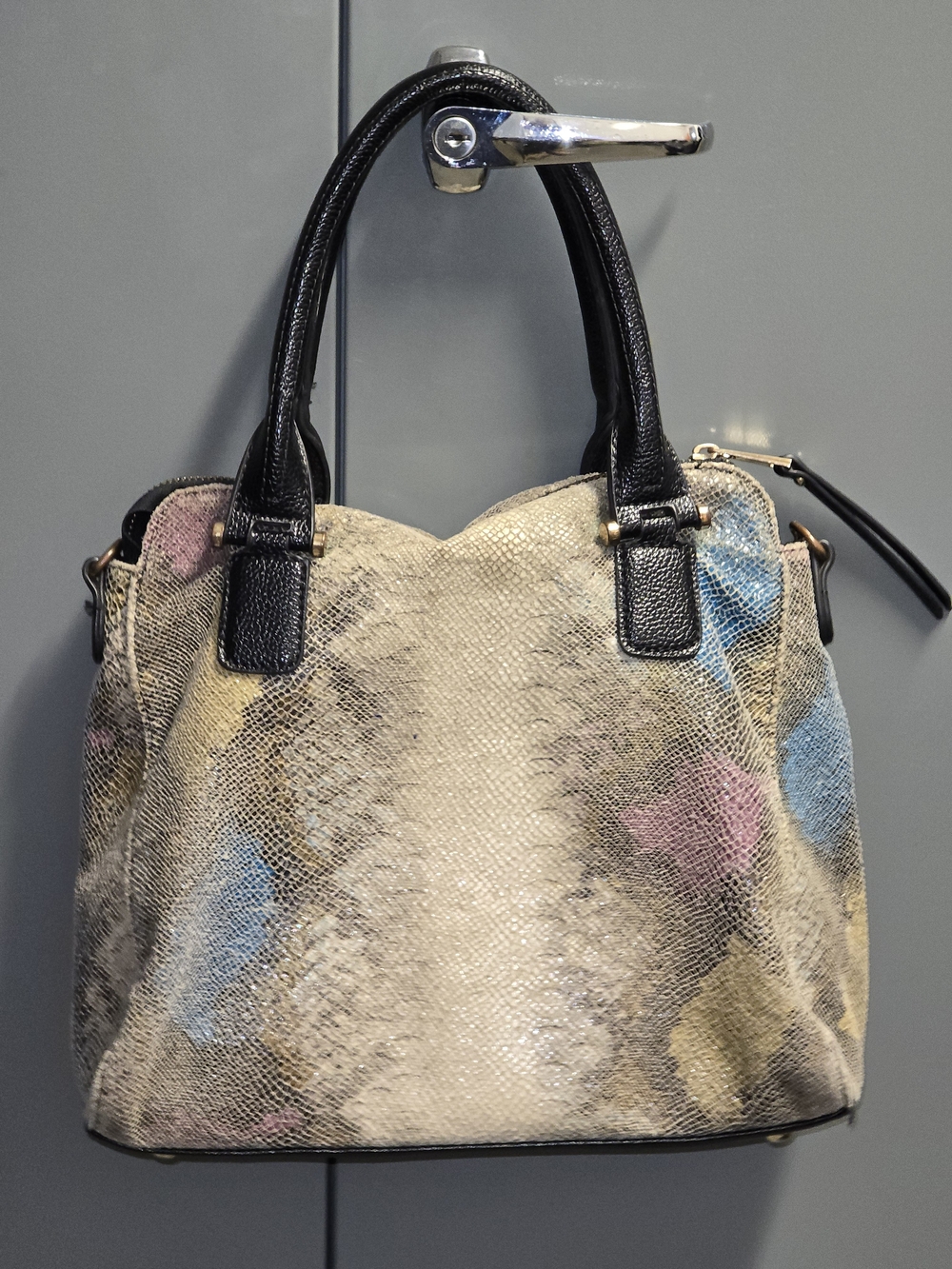 Textured Neutral Multi-Spot Satchel with Black Handles